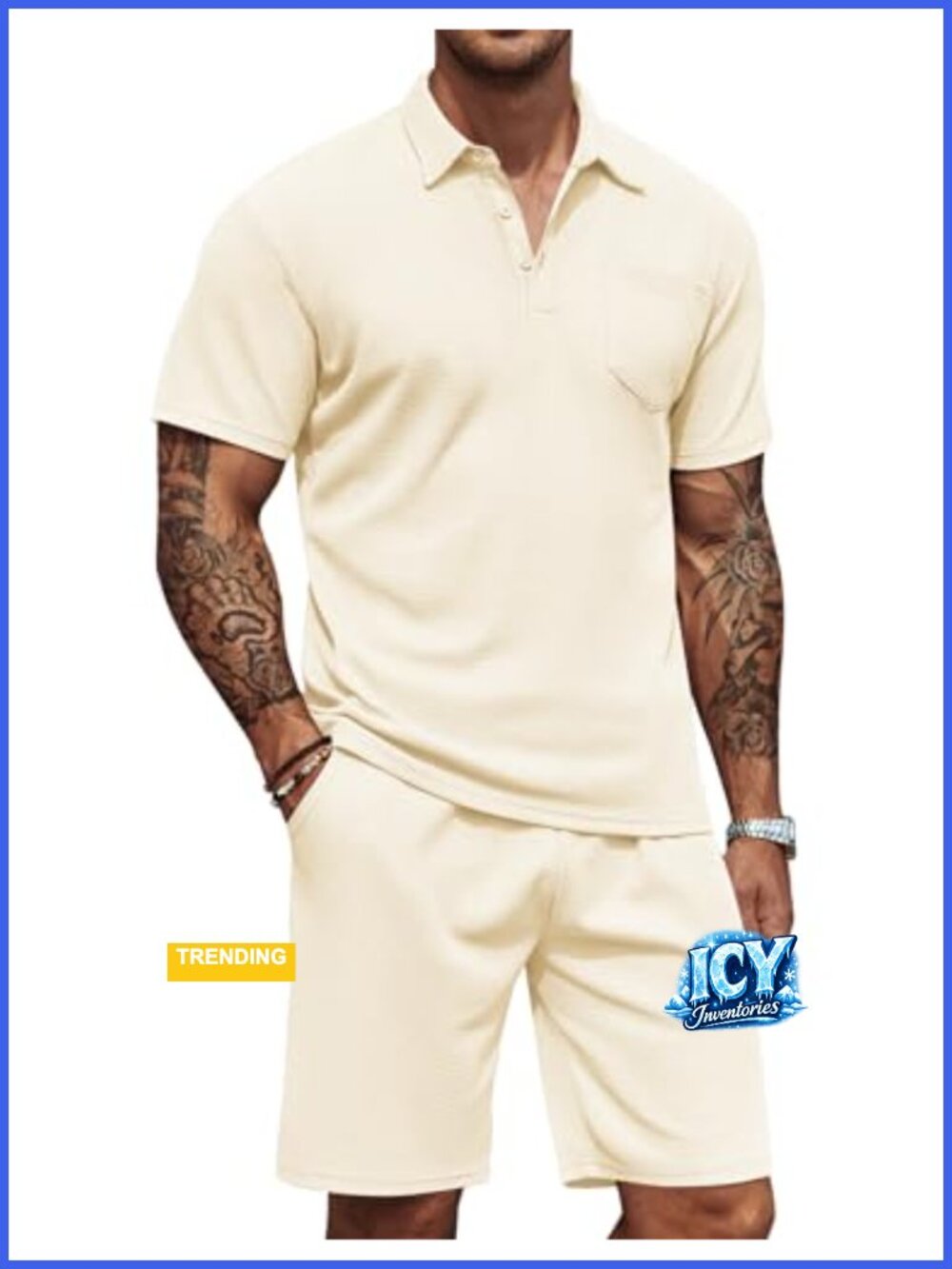 Waffle Knit Polo Shirt and Shorts Set 2 Piece Summer Tracksuit